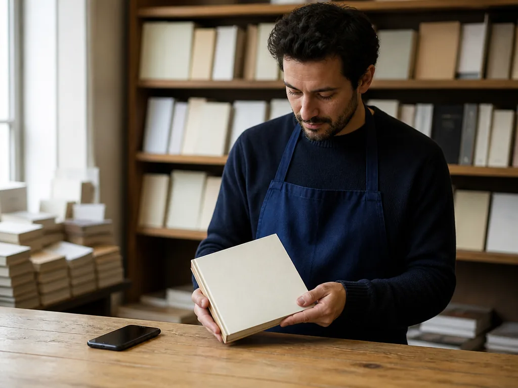Une libraire note une commande de livres sur son carnet au comptoir
